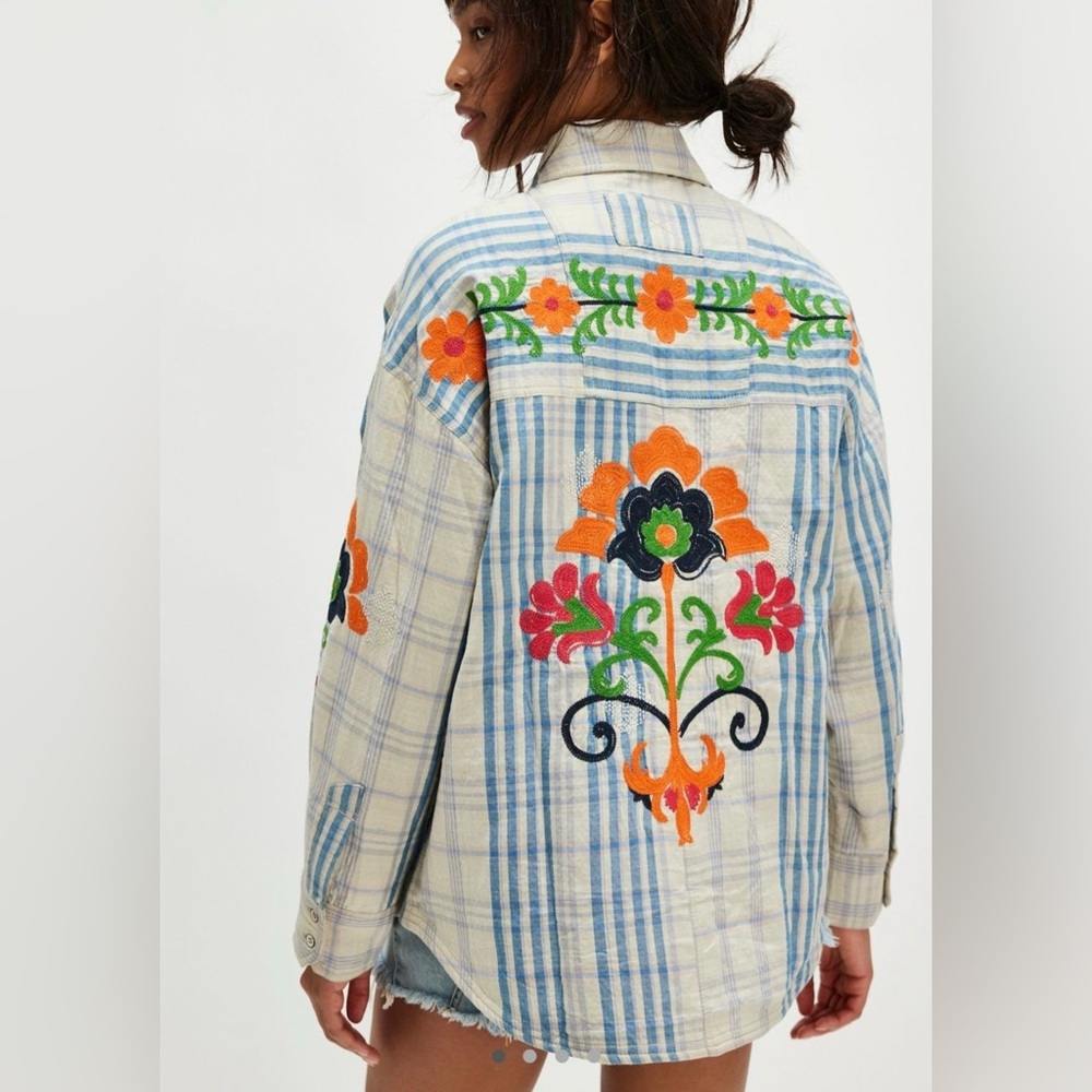 NWT We The Free Blue Plaid Sashiko Flannel Shirt with Floral Embroidery M - Picture 10 of 11